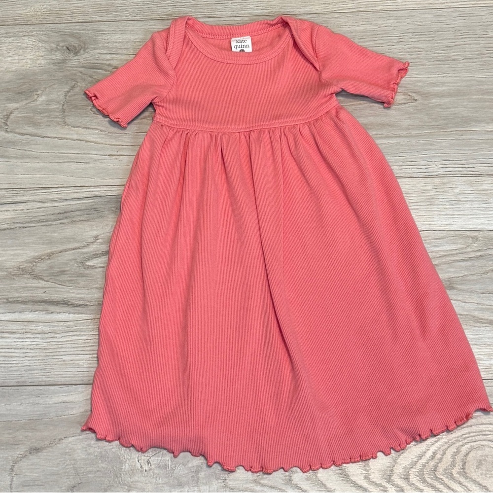 Kate Quinn Girls Coral Pink Organic Cotton Ribbed Lettuce Edge‎ Dress 12-18M